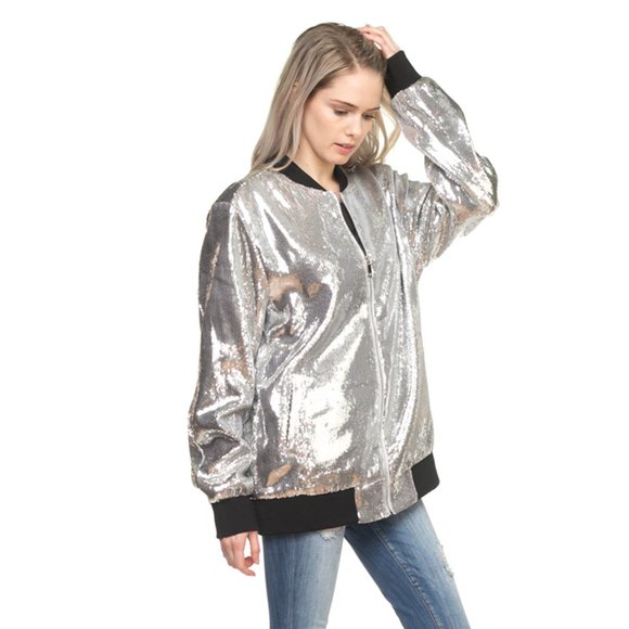 UNISEX, Men's SIZE Solid Sequin Slim-Fit Bomber Jacket, Silver - Picture 2 of 6